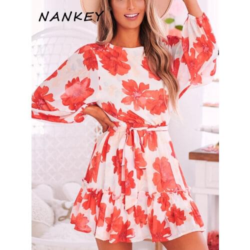 NANKEY 2021 Autumn Women Flower Print Lantern Long Sleeve Dress Bohemian Leaf Elegant A-line Casual Party Beach Style Dresses