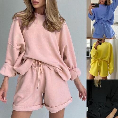 Solid Color Women Suit Drawstring O Neck Long Sleeve Top Shorts Suit for Daily Wear