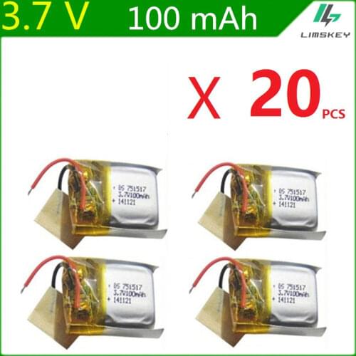 Wholesale 3.7V 100mAh 751517 lithium polymer battery CX-10 CX-12 JJ810 Remote Quadrocopter 3.7V Lipo bettery 20 Pcs/Lot