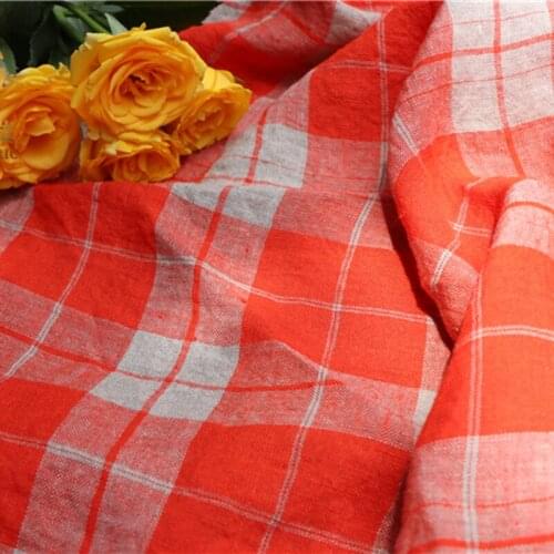 Orange Grid Yarn-dyed High Quality Natural 100% Linen Fabric For Sewing Cloth Dresses Robe Summer Thin DIY Handmade Designer