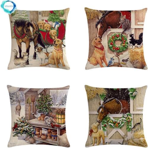 Christmas Xmas Cushion Cover Cartoon Horse Cat Dog Design Cotton Linen Pillowcase Decorative Sofa Couch Pillow Cover 45X45CM