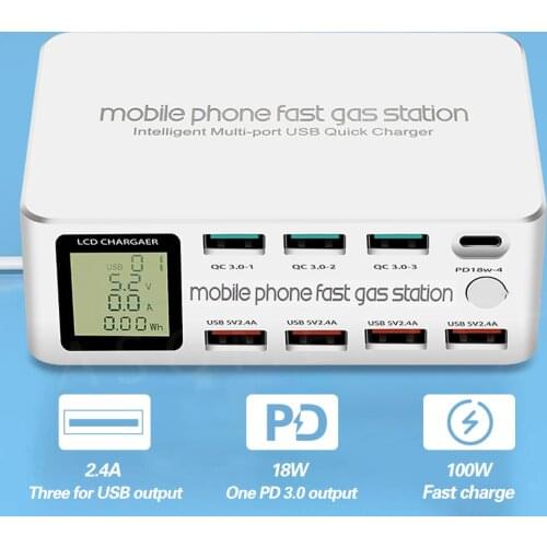 8 Port Smart USB Charger 100W Quick Charge 3.0 PD 3.0 Fast Charge Adapter LCD Multi USB Charger Station For iPhone X XS Samsung