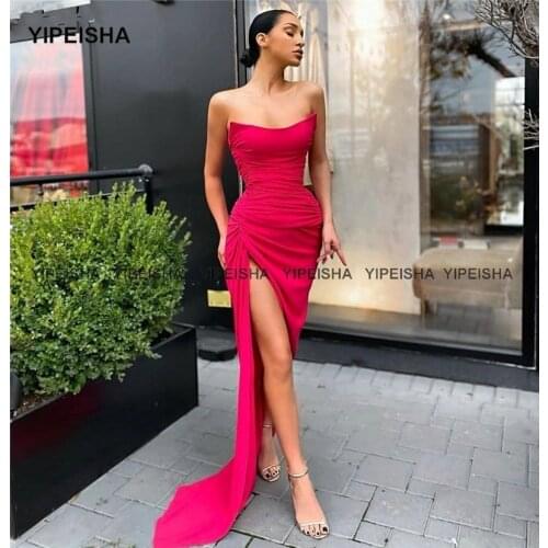 Yipeisha Strapless Sleeveless Mermaid Prom Dress Long Sexy Side Split Evening Gown Robe de Soiree Wedding Party Dress