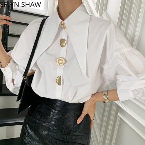 Elegance Women White Shirts Chic Pointed Collar Chic Golded Buttons Loose Lantern Sleeve Blouse Retro Office Lady Match Tops