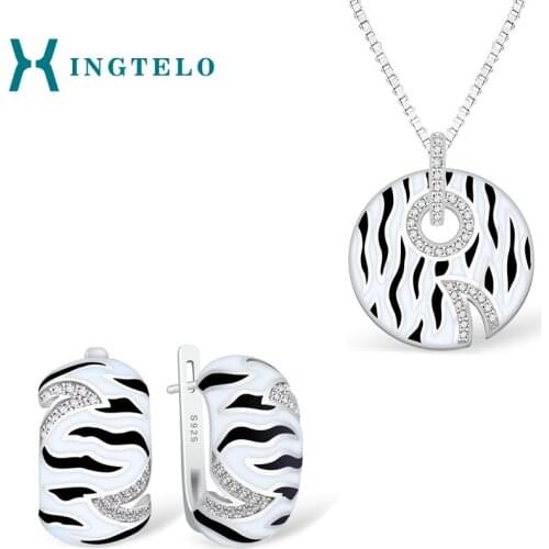 XINGTELO Woman Earrings Pendant Chain 925 Sterling Silver Jewelry Set Black and White Enamel White Crystal Silver Accessories