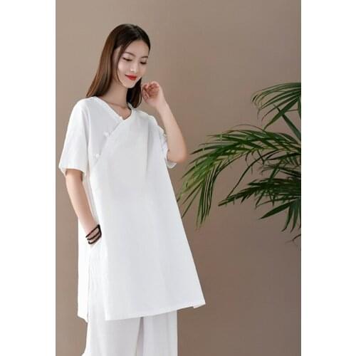 Women Loose Solid Color Long Tops Blouse Ladies Vintage Cotton Linen V Neck Shirt Female 2020 Summer Blouse