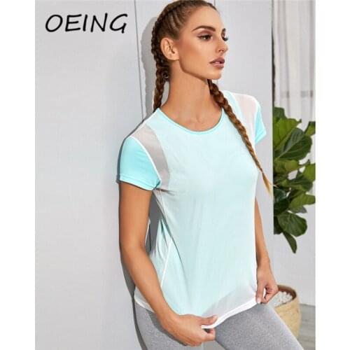 2021 Workout Sport Tops Green Patchwork Breathalbe Mesh Running Shirts Short Sleeve Fitness Dry Fit Yoga Top