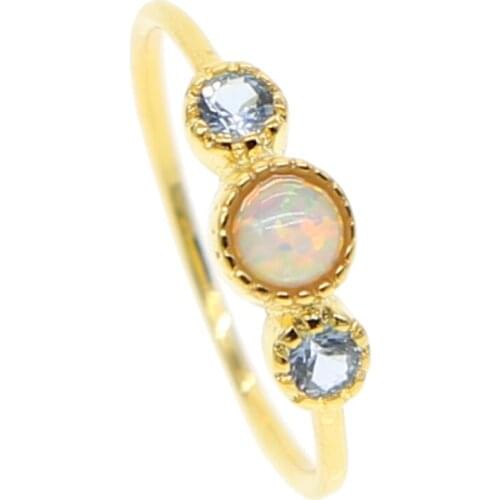 2021 new design simple three stone design light blue white fire opal bezel round stone simple delicate dainty minimal girl ring