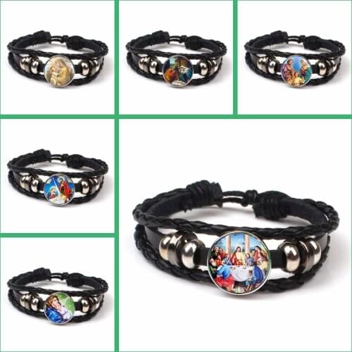 Vintage Classic Madonna Virgin Mary Jesus Knocker Bracelet Braided Leather Cord Bracelet Wristband Christian Jewelry Women Gifts