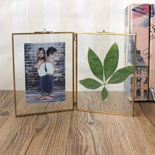 Double Sided Glass Hanging Photo Picture Frame Plant Specimen Dried Flower Holder Wall Frame Home Decoration 5x10cm Copper