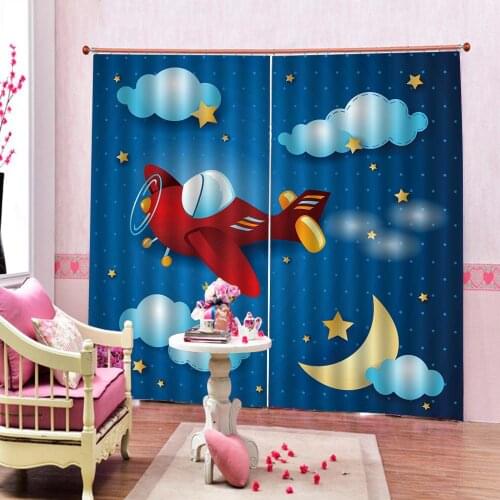 Photo Custom Cartoon Airplane Pattern Curtain Fabric Childrens Room Bedroom Blackout Indoor Decor Window Drapes Sets
