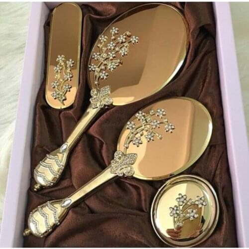 Gold Gift Gemstone Mirror Comb Set Clothes Brush Jewelry Bundle Box Dowry Set Wedding Prep Mirror Comb Jewelry Box Dress brush