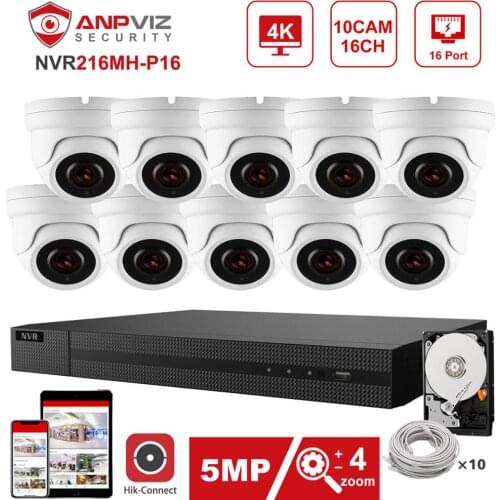 Hikvision OEM 16CH 4K NVR Anpviz 10pcs 5MP 4X POE IP Camera Security System Indoor/Outdoor IP Camera POE IP66 Hik-Connect 30m
