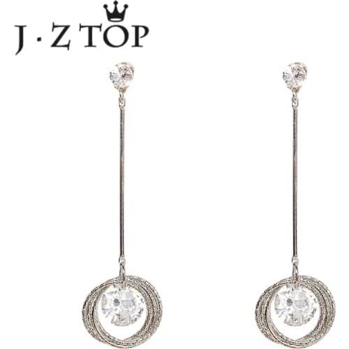 JZTOP Exaggerated Geometric Round Crystal Tassel Stud Earring Luxury Zircon Wedding Banquet Woman Earrings Oorbellen Jewelry
