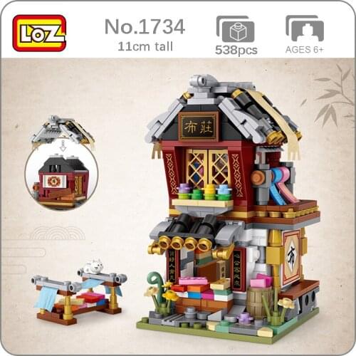 LOZ 1734 City Street Chinatown Cloth Store Shop Cat Architecture Model DIY Mini Blocks Bricks Building Toy for Children no Box
