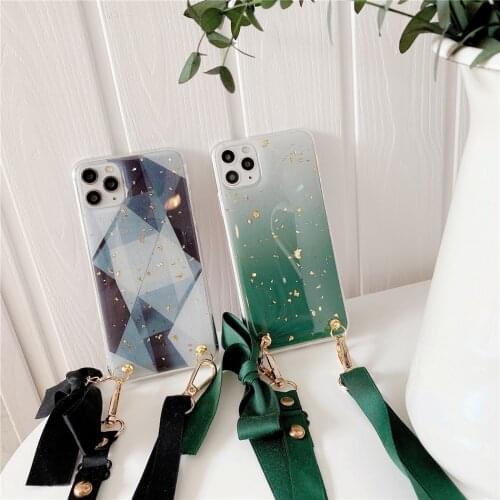 Fashion Cross Shoulder Strap Glitter Blue Marble Case For iPhone 11 Pro XS Max XR X 7 8 Plus SE 2020 Lace Necklace Lanyard Cover