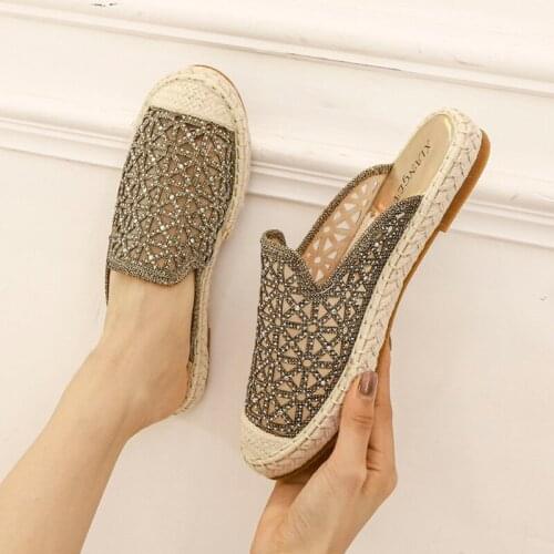Summer Crystal air mesh fisherman shoes women slippers sandalias lazy cover toe slides hemp soled breathable mules female 36-42