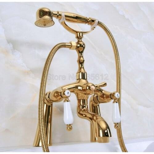 Deck Mounted Gold Color Brass Bathroom Tub Faucet Set + Hand Shower Head Luxury Dual Handle Shower Faucets tna133