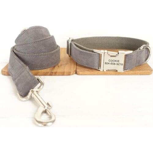 Personalized Pet Collar Customized Nameplate ID Tag Adjustable Soft Grey Suede Fabric Cat Dog Collars Lead Leash Set