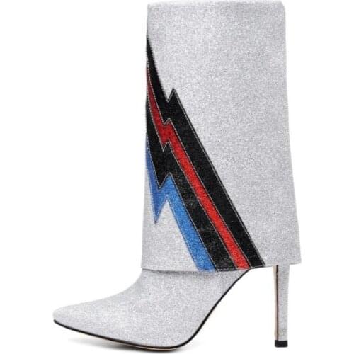 Plus Size Sequins Pointed Toe Stiletto Half Boots Women Runway Super High Heel Slip On Winter Ankle Knight Boots Shoes Woman