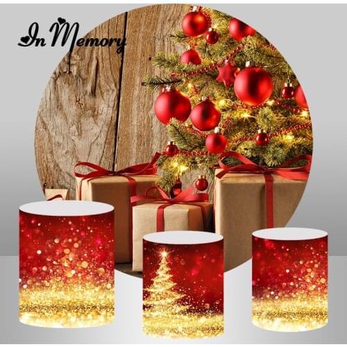 Merry Christmas Round Backdrop Cover Retro Wood Gift Christmas Tree Glitter Bokeh Photography Background Plinth Covers Custom