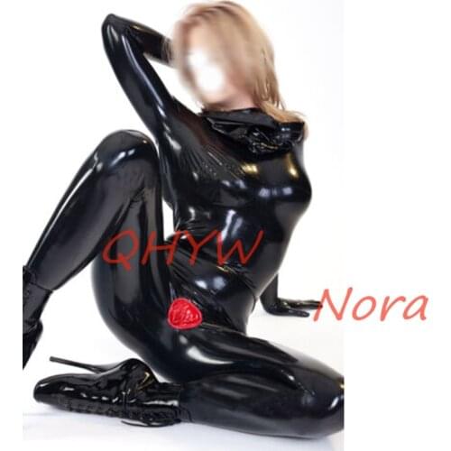 Sexy Natural Latex Woman Full Body Catsuit Women Jumpsuits with Vaginal Red Condom with Gloves&socks Back Zippers