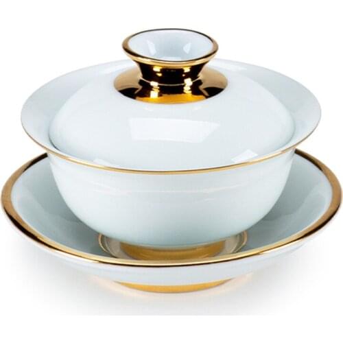 Vintage White Gold Line Gaiwan Porcelain Big Tea Bowl Tureen Wedding Red Ceramic Tea Drinkware For Home Decor