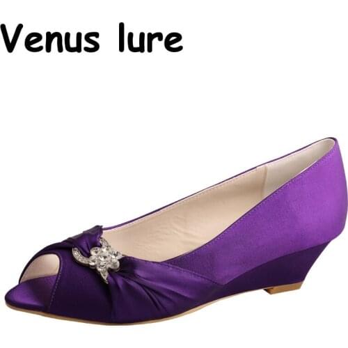Women Wedge Heel Shoes Purple Satin Wedding Heels for Party Peep Toe Ladies Pumps