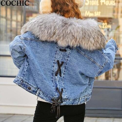 Big Flaux Fur Collar Thick Warm Cotton Denim Coat Plus Velvet Fleece Back Lace Pocket Winter Jacket Parkas