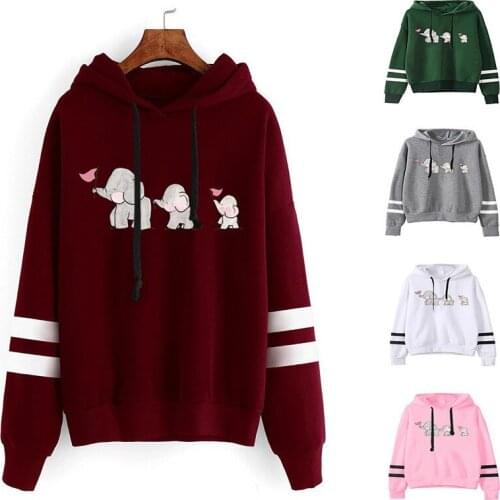 Women Hoodie Three Elephant Family Printed Hoodies Women Double Striped Long Sleeve Fleece Sweatshirt with Hat Girls Pullovers