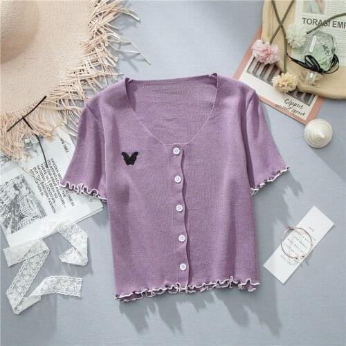 Women Embroidery Butterfly White Button Up T-shirts For Summer Female Autumn Flounce Hem Short Sleeve Crop Tops Slimming Tees