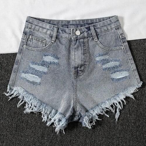 High Waist Shorts Hot Diamond Spring and Summer Korean Version of Diamonds Were Thin Retro Ladies Denim Shorts Short Women