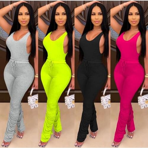 Womens Jumpsuit Crop Top Pleated Stacked Leggings Sexy One Piece Overalls For Female Fitness Romper Oversized Summer Bodysuit