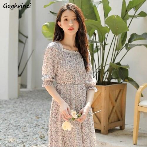 Dress Women Elegant Half Lantern Sleeve Sweet French Mid-calf Fairy Girls Leisure Holiday Empire Lace Square Collar Vestido Chic