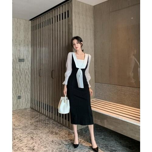 2021 Autumn New Womens Fashion Black and White Contrast Stitching Bow Bubble Sleeve Dress
