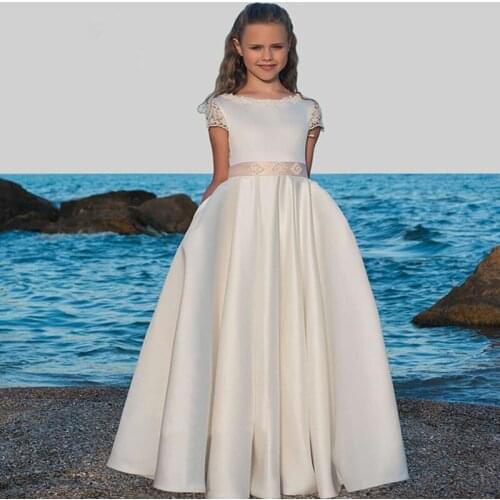 Satin Flower Girls Dresses With Bow Sash First Communion Dress For Little Kids Party Birthday Dress Toddlers Formal Pageant Gown