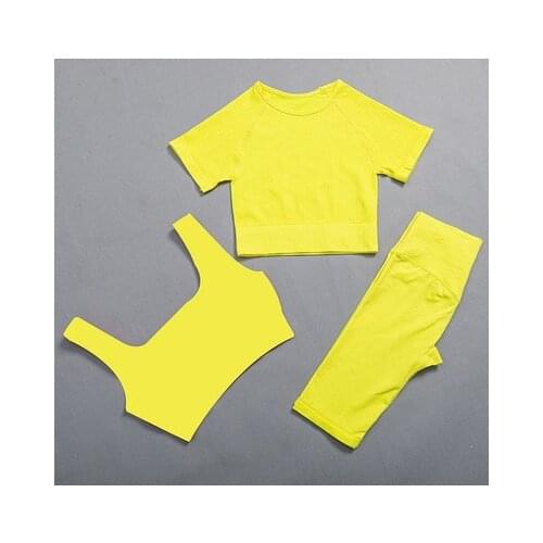 Seamless Yoga Set Women Workout Sportswear Gym Clothing Fitness Short Sleeve Crop Top High Waist Leggings Sport Bra Sports Suits