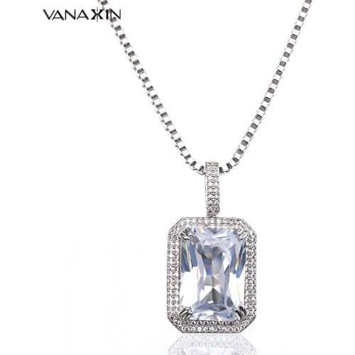 VANAXIN Top Quality Bling Bling Clear Cubic Zirconia Square Statement Necklace Charms Pendant Chain Bijoux Femme Party Box Gift