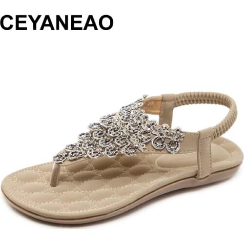 CEYANEAO Women Bohemian Ethnic Crystal Rhinestone Flat Sandals Roman Gladiator Flip Flops Petal Flower Shoes Girl Wedding shoes