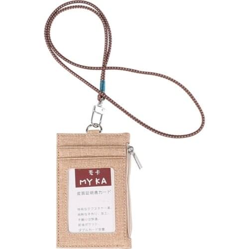 066F Business Card Holder Wallet with Cotton Linen Lanyard ID Badge Zipper Wallet Bag