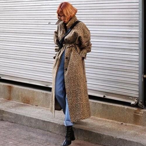 IMucci Turn-down Collar Full Sleeve Jackets Loose Fashion Korean Leopard Print Long Fund Windbreaker Loose Coat TM1795