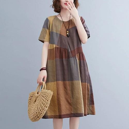 Patchwork Plaid Dress 2021 New Arrival Short Sleeve Loose Summer Beach Style Dress Thin Soft Cotton Women Casual Midi Dress