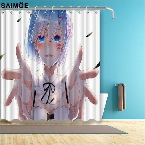 Japan Anime Girl Shower Curtains Cute Beauty Rem Bathroom Curtain Blue White Drapes Waterproof Bath Curtain Fabric Decorations