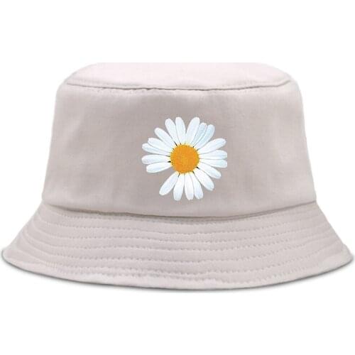 White Daisy Flowers Print Bucket Hat Outdoor Foldable Fishermans Hats Hip Hop Unisex Beach Cap Cotton Sunscreen Panama Caps