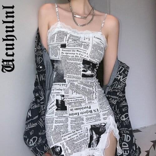 Ucuhulnl Harajuku Punk Sexy Dress Vintage New Paper Printed Lace Patchwork Strapless Slim Dress Streetwear Gothic Partywear