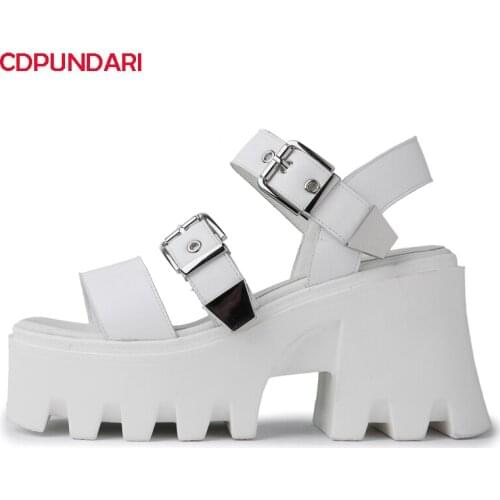 Buckle Black White Genuine Leather High heels Platform Sandals Women Summer Casual Shoes Sandales Femmes 2021 Sandalias Mujer