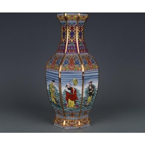 Qianlong Pastel Eight Immortals Figure Octagonal Vase Jingdezhen Antique Porcelain Vase Home Chinese Ornaments