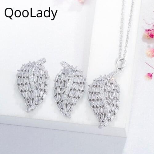 QooLady Trendy Leaf Jewelry Sets White CZ Stone Silver Color Sparkling Cubic Zircon Pendant Necklace Stud Earring for Women Z050