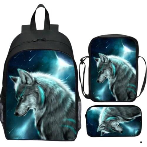 Cool Wolf Design Boys School Bags 3pcs/Set Animal Pattern Backpack for Student Large Capacity Schoolbag/Bookbag