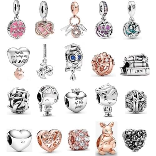 925 Sterling Silver Heart Beads Stork Girl Owl Couples Teenager Dangle pan Charms Fit Original Bracelet Women DIY Jewelry